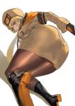  1girl ashiomi_masato bent_over black_gloves blonde_hair blue_eyes boots brown_coat brown_legwear coat commentary_request fur_hat gloves guilty_gear guilty_gear_strive hat looking_back millia_rage orange_scarf pantyhose scarf solo ushanka 