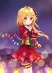  1girl adda alternate_breast_size alternate_costume alternate_headwear arms_up black_choker blonde_hair blurry bokeh breasts choker commentary_request cowboy_shot dango depth_of_field eyebrows_visible_through_hair fireflies flandre_scarlet floating_hair floral_print flower food frilled_sleeves frills hair_flower hair_ornament highres holding holding_food japanese_clothes jewelry kimono long_sleeves looking_at_viewer medium_breasts milky_way mountain night night_sky obi one_side_up outdoors partial_commentary pendant petticoat pink_flower pointy_ears primrose_(flower) red_eyes red_kimono sash short_hair short_kimono sky smile solo standing star_(sky) thigh_strap thighhighs touhou touhou_cannonball wagashi white_legwear wide_sleeves wings yukata zettai_ryouiki 
