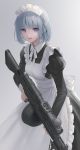  1girl apron blue_hair breasts eyebrows_visible_through_hair girls_frontline grey_background holding holding_weapon lips lipstick looking_at_viewer maid maid_apron maid_headdress makeup medium_hair parted_lips purple_eyes rpk-16 rpk-16_(girls_frontline) smile solo standing urano_ura weapon 