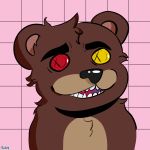  1:1 2016 anthro black_nose brown_bear brown_body brown_fur eyebrows fur heterochromia hi_res looking_at_viewer male mammal mandursel open_mouth red_eyes simple_background solo teeth tiled_background tongue traditional_media_(artwork) ursid ursine yellow_eyes zaptie 
