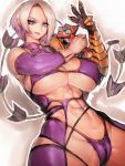  1girl abs bare_shoulders blue_eyes breasts cleavage covered_nipples fumio_(rsqkr) highres huge_breasts isabella_valentine light_smile lipstick looking_at_viewer makeup midriff purple_lipstick short_hair solo soulcalibur thick_thighs thighs underboob whip whip_sword white_hair wide_hips 