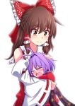 2girls antenna_hair aospanking bare_shoulders blush bow brown_eyes brown_hair closed_eyes commentary_request crying detached_sleeves eyebrows_visible_through_hair hair_between_eyes hair_bow hair_intakes hair_tubes hakurei_reimu half_updo hand_on_another&#039;s_head head_on_chest hug japanese_clothes kimono leaf_print long_hair looking_at_another looking_down minigirl motherly multiple_girls obi partial_commentary purple_hair red_kimono red_vest ribbon-trimmed_sleeves ribbon_trim sash short_sleeves sidelocks simple_background smile sukuna_shinmyoumaru tears touhou vest white_background 