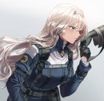  1girl an-94_(girls_frontline) bangs black_gloves blue_eyes blush closed_mouth duplicate from_side girls_frontline gloves grey_background hair_between_eyes hairband holding_another&#039;s_arm long_hair low_tied_hair platinum_blonde_hair pouch profile silence_girl strap tactical_clothes 