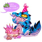  1:1 ambiguous_gender birthday_cake birthday_hat blue_body cake crocodilian dessert feral fivel food green_hair hair reptile scalie scampi simple_background solo spots white_body yellow_eyes 