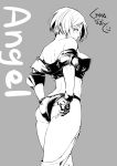  1girl absurdres adjusting_clothes adjusting_panties angel_(kof) ass bare_shoulders breasts character_name fingerless_gloves gloves greyscale highres kurogane_naoto_(churushiko) large_breasts looking_at_viewer looking_back midriff monochrome panties short_hair solo the_king_of_fighters underwear white_hair 