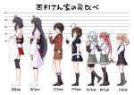  6+girls ahoge anchor_symbol arm_warmers asagumo_(kantai_collection) bike_shorts black_dress black_hair black_serafuku black_shorts blue_eyes braid breasts brown_eyes brown_sailor_collar brown_serafuku brown_shirt brown_shorts closed_eyes commentary_request comparison crossed_arms detached_sleeves double_bun dress fingerless_gloves full_body fusou_(kantai_collection) gloves green_hairband grey_skirt hair_flaps hair_ornament hair_over_shoulder hairband hand_in_pocket hands_on_hips height_chart height_difference highres kantai_collection large_breasts light_brown_hair long_hair looking_at_viewer michishio_(kantai_collection) mogami_(kantai_collection) multiple_girls one_eye_closed pinafore_dress pleated_skirt profile red_eyes red_hair red_skirt remodel_(kantai_collection) sailor_collar school_uniform serafuku shigure_(kantai_collection) shirt short_hair shorts shorts_under_skirt silver_hair single_braid skirt standing suspender_skirt suspenders tall tall_female tenshin_amaguri_(inobeeto) translated twintails v waving white_sailor_collar wide_sleeves yamagumo_(kantai_collection) yamashiro_(kantai_collection) 