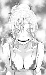  1girl absurdres bangs bikini blush breasts cleavage commentary_request eyebrows_visible_through_hair fangs greyscale haiokumantan_c hair_between_eyes hair_bun highres large_breasts looking_at_viewer monochrome open_mouth original sidelocks simple_background solo steam swimsuit upper_body 