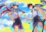  2boys baby_steps ball bangs baseball_cap black_hair brown_eyes brown_hair character_name closed_mouth cloud cloudy_sky collared_shirt commentary cowboy_shot crossover day deviantart_username echizen_ryooma english_commentary from_below green_eyes hair_between_eyes hand_in_pocket hat highres holding holding_racket instagram_username jacket jacket_on_shoulders male_focus maruo_eiichirou multicolored multicolored_background multiple_boys parted_lips purple_shorts racket shirt short_sleeves shorts signature sky smile sportswear standing tennis_ball tennis_no_ouji-sama tennis_racket tennis_uniform trait_connection watermark web_address white_headwear white_shirt zzyzzyy 