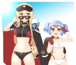  2girls :d alternate_costume azur_lane ball bangs bare_shoulders beach_volleyball bikini bismarck_(azur_lane) bismarck_(coat_of_arms) black_bikini black_cape black_headwear blonde_hair blue_eyes blue_hair blue_sky blunt_bangs blush breasts brown_jacket cap105 cape coat_of_arms commentary_request cowboy_shot eyebrows_visible_through_hair eyewear_hang eyewear_on_head eyewear_removed fur-trimmed_cape fur_trim gloves groin hair_between_eyes hair_ornament highres holding holding_ball jacket jacket_over_shoulder large_breasts long_hair looking_at_viewer midriff multiple_girls navel o-ring o-ring_bikini open_mouth red_eyes red_gloves short_hair short_twintails sidelocks skindentation sky smile sports_bikini standing sunglasses sunlight swimsuit taut_clothes twintails u-556_(azur_lane) underboob upper_teeth visor_cap white_bikini 