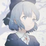  1girl alternate_costume bare_tree blue_eyes blue_hair blurry bob_cut bow cirno depth_of_field ears eyelashes frown hair_bow highres leaf neck_ribbon portrait ribbon serious short_hair sishenfan snow solo touhou tree wind 