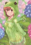  1girl absurdres animal animal_hood arms_behind_back bangs blue_flower blurry blush breasts brown_eyes brown_hair closed_mouth collarbone cowboy_shot depth_of_field eyebrows eyebrows_visible_through_hair flower frog frog_hood frog_raincoat gekota hair_between_eyes highres hood huge_filesize hydrangea leaf long_sleeves looking_at_viewer medium_breasts misaka_mikoto outdoors pink_flower raika9 rain raincoat scan see-through smile solo to_aru_kagaku_no_railgun to_aru_majutsu_no_index 