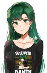  1girl asymmetrical_bangs bangs black_shirt blush breasts collarbone earrings fire_emblem fire_emblem:_the_blazing_blade green_eyes green_hair highres jewelry large_breasts long_hair looking_at_viewer lyn_(fire_emblem) ormille shirt simple_background smile white_background 