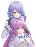  2girls ahoge azur_lane barrette black_gloves blue_eyes blue_hair chapayev_(azur_lane) closed_eyes eyebrows_visible_through_hair gloves jacket lips long_hair looking_at_another medium_hair multiple_girls purple_hair tashkent_(azur_lane) urano_ura white_background white_jacket 