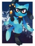  2020 biped black_body blue_body blue_fur border canid detailed_background digital_media_(artwork) fur gesture kick mammal nintendo open_mouth pawpads plant pok&eacute;mon pok&eacute;mon_(species) raised_leg riolu semi-anthro solo video_games white_border zoroa553 