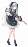  1girl apron assault_rifle bangs black_footwear black_legwear blue_hair blue_headwear closed_mouth eyebrows_visible_through_hair girls_frontline green_eyes gun h&amp;k_hk416 hair_ornament hair_ribbon hairband hat hk416_(girls_frontline) holding holding_weapon long_hair looking_away maid ribbon rifle shoes socks solo standing urano_ura weapon white_background 