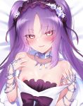 1girl armlet bangs bare_shoulders blush bracelet breasts dakimakura_(medium) dress dress_pull euryale fate/grand_order fate/hollow_ataraxia fate_(series) frilled_hairband frills goddess hairband highres jewelry long_hair looking_at_viewer lying m-da_s-tarou neck_ring necklace nipples on_back open_mouth orange_eyes parted_bangs purple_hair sidelocks slit_pupils small_breasts smile solo twintails very_long_hair white_dress 