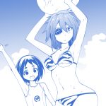  2girls animal_print arms_up ball bikini blue_theme breasts cloud commentary_request day eyepatch flat_chest highres kantai_collection kiso_(kantai_collection) maru-yu_(kantai_collection) masukuza_j medium_breasts monochrome multiple_girls outdoors school_swimsuit short_hair sky swimsuit tiger_print waving 