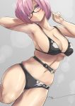 1girl armpits arms_up artist_name ass_visible_through_thighs bare_arms bare_shoulders belt bikini black-framed_eyewear black_bikini blush breasts cleavage closed_mouth collarbone commentary_request dutch_angle fate/grand_order fate_(series) glasses grey_background head_tilt large_breasts leg_up looking_at_viewer mash_kyrielight navel pink_hair purple_eyes solo standing standing_on_one_leg stomach swimsuit thighs tyone 