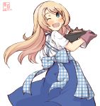  1girl alternate_costume apron artist_logo blonde_hair blue_apron blue_eyes blue_skirt commentary_request dated dress employee_uniform from_behind gingham_apron highres jervis_(kantai_collection) kanon_(kurogane_knights) kantai_collection kobeya kobeya_uniform long_hair looking_at_viewer oven_mitts plaid plaid_apron sailor_dress simple_background skirt solo stargazy_pie uniform unmoving_pattern waitress white_background 