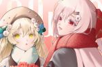  2girls aqua_scarf bangs blonde_hair brown_headwear eyebrows_visible_through_hair flower girls_frontline hair_flower hair_ornament hair_ribbon hat iws-2000_(girls_frontline) jacket long_hair looking_at_another looking_at_viewer multiple_girls open_mouth pink_hair red_eyes red_ribbon red_scarf ribbon scarf simple_background urano_ura x95_(girls_frontline) yellow_eyes 