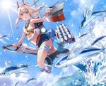  1girl :o animal ayanami_(azur_lane) azur_lane bangs bare_arms bare_shoulders black_footwear blue_sailor_collar blue_skirt blue_sky boots brown_eyes cannon cloud commentary_request crop_top day eyebrows_visible_through_hair fish flying_fish hair_between_eyes headgear highres holding holding_sword holding_weapon knee_boots light_brown_hair long_hair looking_at_viewer machinery midriff navel open_mouth outdoors pleated_skirt ponytail sailor_collar school_uniform serafuku shirt sidelocks skirt sky sleeveless sleeveless_shirt solo standing standing_on_one_leg sword turret water weapon white_shirt yuko_(uc_yuk) 