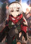  1girl absurdres assault_rifle bangs black_gloves breasts dragunov_svd eyebrows_visible_through_hair fingerless_gloves girls_frontline gloves grey_eyes gun headphones highres holding holding_weapon long_hair looking_at_viewer military military_uniform muteppona_hito red_scarf rifle scarf silver_hair smile sniper_rifle solo svd_(girls_frontline) uniform weapon 