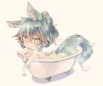  1girl alternate_hairstyle animal_ear_fluff animal_ears bangs bathtub beige_background breasts brown_hair closed_mouth completely_nude crossed_bangs eyebrows_visible_through_hair green_eyes green_hair hair_between_eyes kuromiya kuromiya_raika looking_at_viewer multicolored_hair nude original partially_submerged short_hair simple_background solo tail two-tone_hair water 