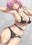  1girl armpits arms_up artist_name ass_visible_through_thighs bare_arms bare_shoulders belt bikini black_bikini blush breasts cleavage closed_mouth collarbone dutch_angle fate/grand_order fate_(series) grey_background head_tilt large_breasts leg_up looking_at_viewer mash_kyrielight navel pink_hair purple_eyes skindentation solo standing standing_on_one_leg stomach swimsuit thighs tyone 