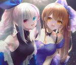  2girls bangs black_dress blue_dress blue_eyes bow bowtie breasts brown_eyes brown_hair cleavage cross cross_earrings dress earrings eyebrows_visible_through_hair girls_frontline hair_bow hair_ornament hair_ribbon heterochromia jewelry k-2_(girls_frontline) long_hair looking_at_viewer mdr_(girls_frontline) medium_breasts multicolored_hair multiple_girls open_mouth ponytail purple_eyes ribbon silver_hair snowflakes tongue tongue_out urano_ura 