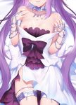  1girl armlet bangs bare_shoulders blush bracelet breasts dakimakura_(medium) dress dress_pull euryale fate/grand_order fate/hollow_ataraxia fate_(series) frilled_hairband frills goddess hairband highres jewelry long_hair lying m-da_s-tarou neck_ring necklace nipples on_back open_mouth parted_bangs purple_hair sidelocks small_breasts smile solo twintails very_long_hair white_dress 