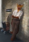  a&#039;wip_(charli_sox) absurd_res anthro baggage_cart bird_cage blue_eyes bottomwear brick_wall brown_body brown_bottomwear brown_clothing brown_hair brown_pants clothing clrfoolished facial_scar fur hair harry_potter hi_res hyaenid leaning_on_wall leaning_to_side looking_at_viewer male mammal pants prick_ears scar shirt slightly_chubby solo spots spotted_body spotted_fur spotted_hyena topwear wall_(structure) white_clothing white_shirt white_topwear 