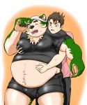  anthro bandanna belly belly_pinch blush bulge canid canine canis clothing domestic_dog duo fur green_body green_fur grope hi_res hmel4 human kerchief live-a-hero male male/male male_operator mammal mokdai nipples overweight pecs protagonist_(live-a-hero) shirt slightly_chubby t-shirt topwear underwear 