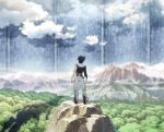  1boy back_arrow back_arrow_(character) black_hair black_jacket boots cloud day forest from_behind highres jacket key_visual knee_boots mountain nature official_art outdoors pants scenery short_hair single_sleeve solo standing torn_clothes torn_pants white_pants wide_shot 