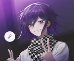  1boy bangs checkered checkered_neckwear checkered_scarf commentary_request danganronpa grin hair_between_eyes hands_up highres jacket long_sleeves looking_at_viewer male_focus musical_note new_danganronpa_v3 ouma_kokichi porary purple_eyes purple_hair scarf short_hair smile solo spoken_musical_note upper_body v w white_jacket 