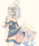  1girl ahoge animal_ears ass beige_background blue_hair breasts from_behind highres kuromiya looking_at_viewer looking_back multicolored_hair open_mouth original panties short_hair simple_background solo tail thighhighs two-tone_hair underwear white_hair white_legwear white_panties 