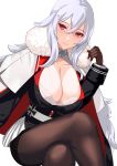  1girl azur_lane bangs black_gloves black_legwear bra bra_peek breasts cape cleavage collarbone crossed_bangs crossed_legs fur-trimmed_cape fur_trim gloves graf_zeppelin_(azur_lane) hair_between_eyes highres iron_cross large_breasts long_hair long_sleeves looking_at_viewer military military_uniform no_headwear pantyhose red_eyes silver_hair simple_background sitting smile solo underwear uniform white_background white_bra zukanosuke 