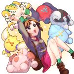  1girl :3 arms_up backpack bag brown_eyes brown_hair brown_legwear cardigan gen_3_pokemon gen_4_pokemon gen_8_pokemon gloria_(pokemon) green_headwear green_legwear grey_cardigan highres knees_up kona_(ayaz8247) legendary_pokemon long_sleeves open_mouth pink_skirt plaid_socks pokemon pokemon_(game) pokemon_swsh regice regidrago regieleki regigigas regirock registeel sitting skirt socks stuffed_toy white_background 