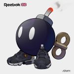  absurdres artist_name black_footwear bob-omb bomb commentary_request company_name creature fami_(yellow_skies) full_body highres mario_(series) no_humans reebok simple_background smoke solo union_jack white_background white_eyes 