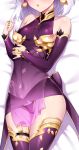  1girl :o breasts covered_navel dakimakura_(medium) detached_sleeves fate/grand_order fate_(series) head_out_of_frame highres kama_(fate/grand_order) lying m-da_s-tarou on_back panties purple_legwear short_hair silver_hair small_breasts solo thighhighs thighs underwear 