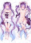  1girl armlet bangs bare_shoulders blush bracelet breasts dakimakura_(medium) dress dress_pull euryale fate/grand_order fate/hollow_ataraxia fate_(series) frilled_hairband frills goddess hairband highres jewelry long_hair looking_at_viewer lying m-da_s-tarou multiple_views neck_ring necklace nipples on_back open_mouth orange_eyes parted_bangs purple_hair sidelocks slit_pupils small_breasts smile twintails very_long_hair white_dress 