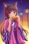  1girl absurdres animal_ear_fluff animal_ears bangs black_hair blurry blurry_background blush cat_ears closed_mouth commentary_request depth_of_field eating eyebrows_visible_through_hair flower food fringe_trim hair_flower hair_ornament hakama hands_up highres holding holding_food iroha_(iroha_matsurika) japanese_clothes kimono lamppost long_hair looking_at_viewer night original outdoors print_kimono purple_eyes purple_hakama purple_kimono red_flower shawl smile snowing solo taiyaki very_long_hair wagashi yagasuri 