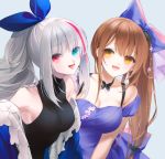  2girls bangs black_dress blue_dress blue_eyes bow bowtie breasts brown_eyes brown_hair cleavage cross cross_earrings dress earrings eyebrows_visible_through_hair girls_frontline hair_bow hair_ornament hair_ribbon heterochromia jewelry k-2_(girls_frontline) long_hair looking_at_viewer mdr_(girls_frontline) medium_breasts multicolored_hair multiple_girls open_mouth ponytail purple_eyes ribbon silver_hair tongue tongue_out urano_ura white_background 