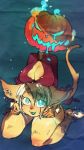  1girl :3 :d animal_ears blue_eyes breasts bright_pupils cat_ears cat_tail cleavage colored_skin disembodied_head dullahan furry grey_hair jack-o&#039;-lantern kuroi_moyamoya large_breasts looking_at_viewer open_mouth original red_shirt shirt short_hair sitting smile solo tail torn_clothes torn_shirt wariza white_pupils yellow_fur yellow_skin 