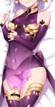  1girl breasts covered_navel dakimakura_(medium) detached_sleeves earrings fate/grand_order fate_(series) head_out_of_frame highres jewelry kama_(fate/grand_order) lying m-da_s-tarou on_back panties purple_legwear short_hair silver_hair small_breasts smile solo thighhighs thighs underwear 