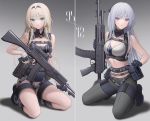  2girls ak-12 ak-12_(girls_frontline) an-94 an-94_(girls_frontline) aqua_eyes armpits assault_rifle bare_arms bare_shoulders belt black_gloves blonde_hair blue_shirt breasts cleavage cleavage_cutout clothing_cutout crop_top girls_frontline gloves gradient gradient_background grey_background grey_pants gun hairband half_gloves holding holding_gun holding_weapon kneeling large_breasts long_hair looking_at_viewer medium_breasts midriff multiple_belts multiple_girls pants parted_lips pink_eyes rifle shadow shirt shoes short_shorts shorts sleeveless sleeveless_shirt sleeveless_turtleneck stomach thighs trigger_discipline turtleneck urano_ura vest weapon white_hair white_shirt white_shorts 