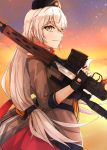  1girl absurdres assault_rifle belt black_gloves black_headwear brown_jacket closed_mouth dragunov_svd eyebrows_visible_through_hair fingerless_gloves girls_frontline gloves grey_eyes gun hair_ribbon hat highres holding holding_weapon jacket jewelry long_hair looking_at_viewer military military_hat military_uniform muteppona_hito over_shoulder profile ribbon rifle ring silver_hair smile sniper_rifle solo standing svd_(girls_frontline) uniform weapon weapon_case weapon_over_shoulder 