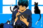  1boy amamiya_ren black_hair blue_background blue_hair book casual cat cat_paw closed_eyes glasses male_focus morgana_(persona_5) multiple_cats pencil persona persona_5 saitou_rokuro solo tail tail_wagging wavy_hair writing 