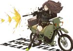  1214_goldfische 1girl absurdres aiming assault_rifle bangs belt black_footwear black_gloves black_shorts boots brown_eyes brown_hair commentary_request english_text firing full_body girls_frontline gloves grey_legwear grey_shirt ground_vehicle gun hair_between_eyes highres holding holding_gun holding_weapon knee_pads long_hair long_sleeves m4_carbine m4a1_(girls_frontline) motor_vehicle motorcycle one_eye_closed pouch rifle scope shells shirt short_shorts shorts simple_background sitting solo strap striped striped_shirt suitcase suppressor thighhighs weapon white_background 