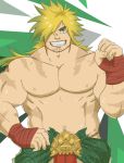  1boy bandages bara belly belt blonde_hair bulge facial_hair green_eyes hair_over_one_eye hand_on_hip highres humanization long_hair macan_(tokyo_houkago_summoners) male_focus muscle navel navel_hair nipples one_eye_covered pectorals red_male_underwear shirtless solo stomach stubble tattoo teeth tokyo_houkago_summoners tribal_tattoo upper_body yanutorie 