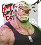  1boy balor_(tokyo_houkago_summoners) bara bare_shoulders beard black_hair black_tank_top blonde_hair blue_eyes bursting_pecs chest_hair eyepatch facial_hair fang flaming_eye happy_birthday jewelry looking_at_viewer male_focus multicolored_hair muscle necklace pectorals scar_on_arm short_hair simple_background solo tank_top tokyo_houkago_summoners two-tone_hair upper_body yanutorie 